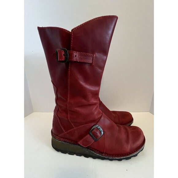 Fly London Shoes - Fly London Mes 2 Boots Red Leather Womens Mid Calf Boots Sz 10 Moto Mod Buckles